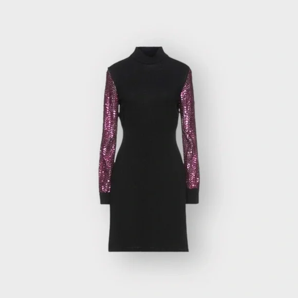 Nwt MOSCHINO Couture Black Sweater Mock Neck Dress Sequin Sleeves - Picture 3 of 11